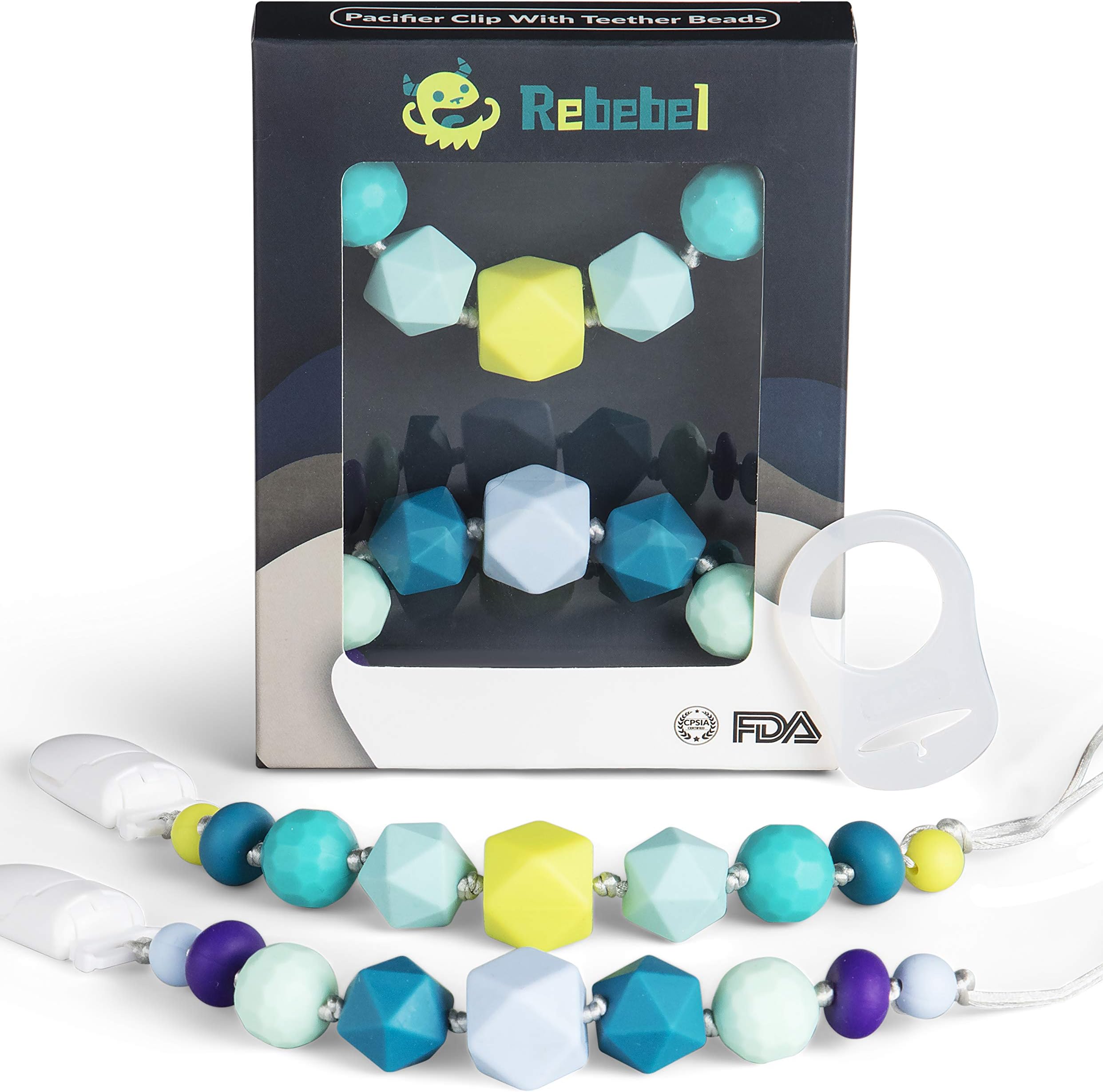 Rebebel - Pacifier Clips with Individually Knotted Baby Teether Beads, Colorful Silicone Teething Toys, Unisex Pacifier Holder, Baby Essentials - Pack of 2