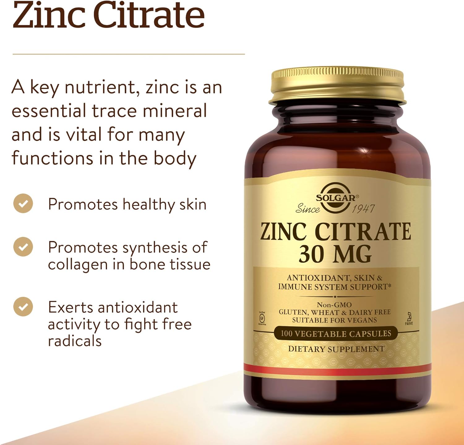Solgar Zinc Citrate 30 mg, 100 Vegetable Capsules - Zinc for Healthy Skin, Taste & Vision - Immune System & Antioxidant Support - Citrate Form for Optimal Absorption - Non GMO, Vegan - 100 Servings: Health & Personal Care