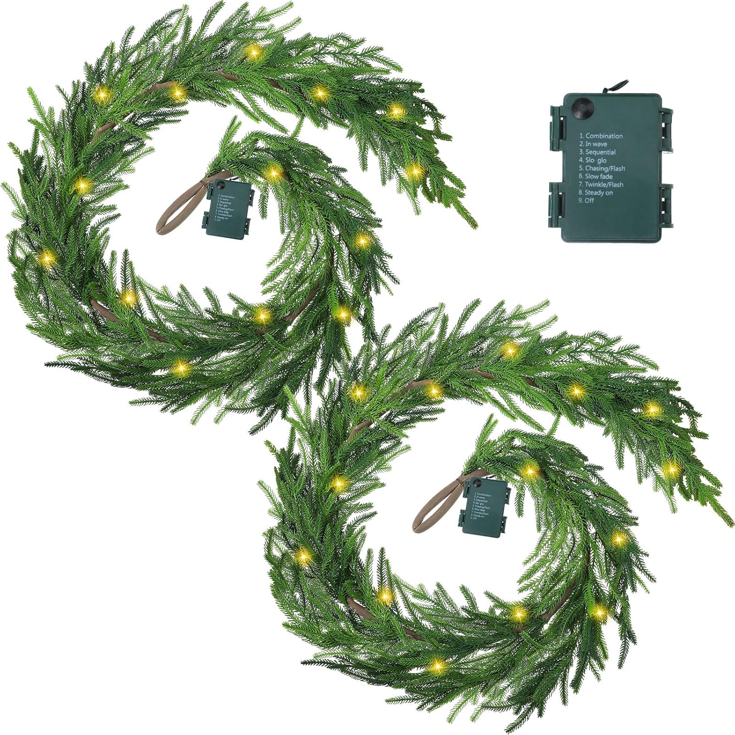 Wreaths, Garlands & Swags - Wavyknot Real Touch Norfolk Pine Garland Faux Christmas Garland Pre Lit Artificial Pine Greenery Garlands with Warm White LED Lights for Xmas Holiday Wedding Party Outdoor Decorations (9 Feet, 2)