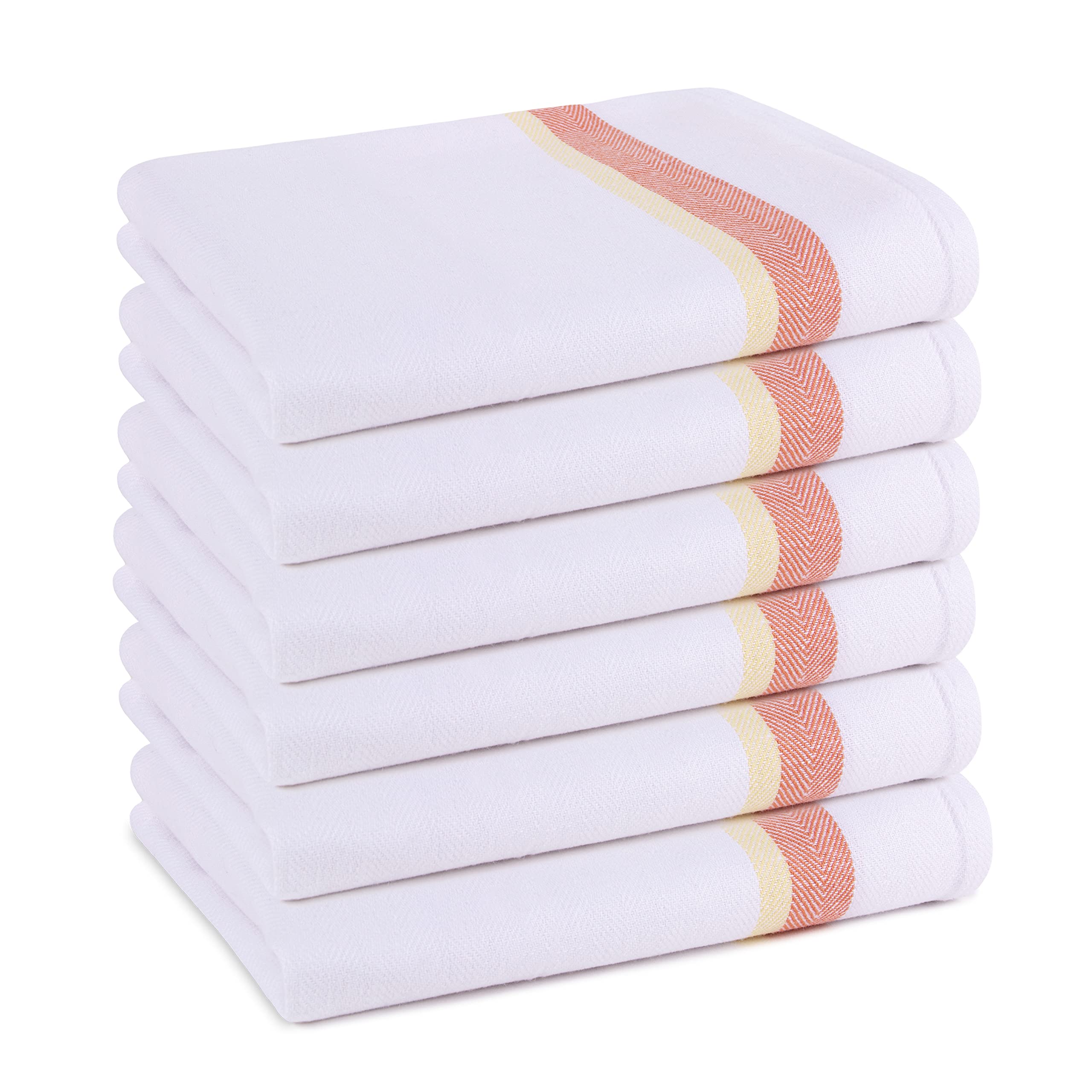 Pagnanno Tea Towels, Soft and Absorbent – Multi Pack of Large Classic Herringbone Weave, Lint Free, Cotton Kitchen Dish Towels 45x70 cm in White with blue, green and orange stripes (Orange Stripe, 6)