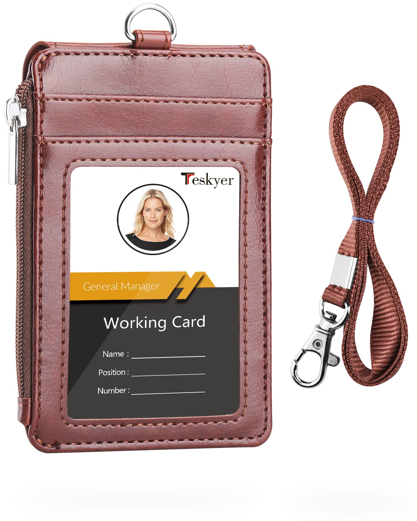 Teskyer Badge Holder with Lanyard, Card Holder with Zipper Pocket, 1 ID Window, Holds up to 4 Cards, PU Leather, Brown