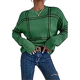 FOTKLAX Women's Pullover Knit Sweater Plaid Crew Neck Long Sleeve Knitted Cute Trendy Cozy Sweaters for Fall and Winter