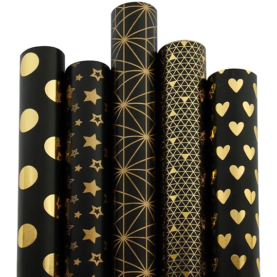 RUSPEPA Geschenkpapier Roll-Black Und Goldfolie Muster Für Hochzeit, Geburtstage, Valentines, Weihnachten-5 Roll-76Cm X 305Cm
