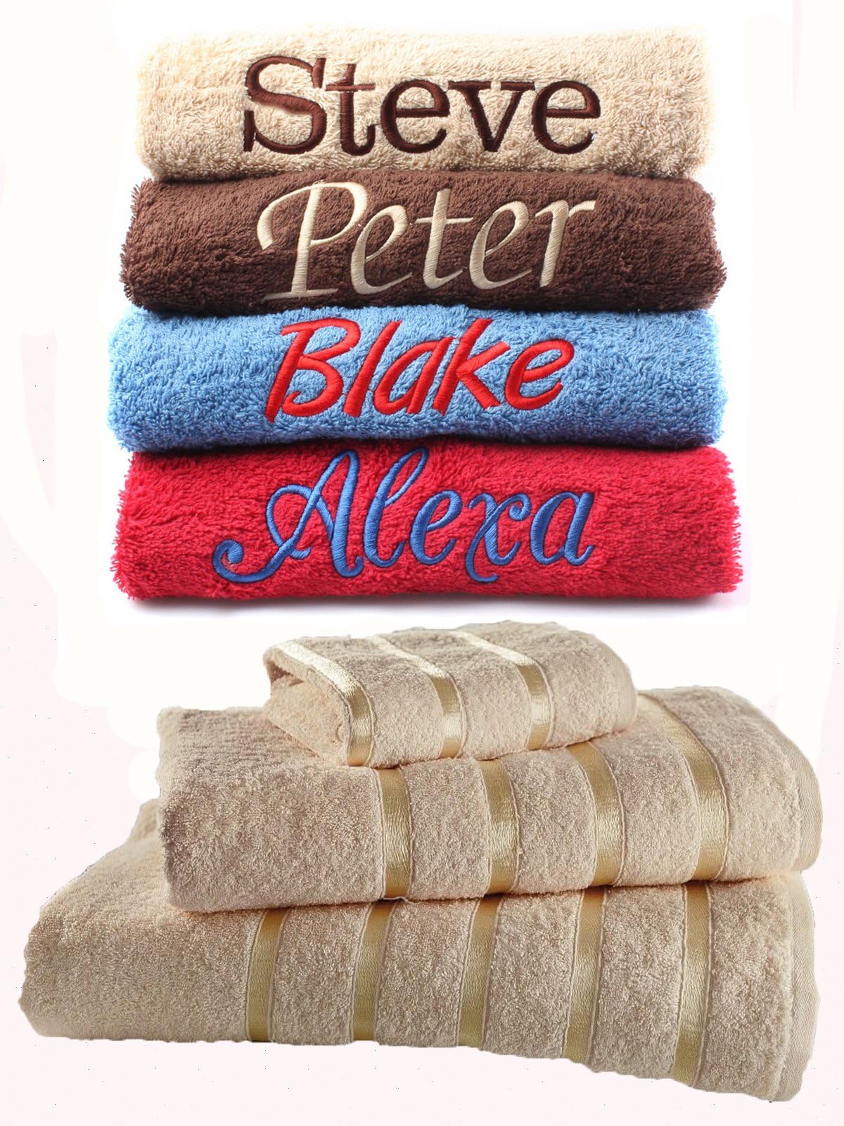 Dream Zone Personalised Embroidered Towels Set ANY NAME | Face Cloth | Hand Towel | Bath Towel | Bath Sheet | Beach Swimming Towel | Supreme 100% Egyptian Cotton 550GSM (Hand Towel, Beige)