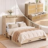 CECER Queen Murphy Bed with Mattress,Storage&amp;Charging Station-Natural Wood | Rattan Cabinet Bed with Large Drawer，Tri-Folding Memory Foam Mattress，Space Saving Hidden bed for Guest Bedroom&amp;Living Room
