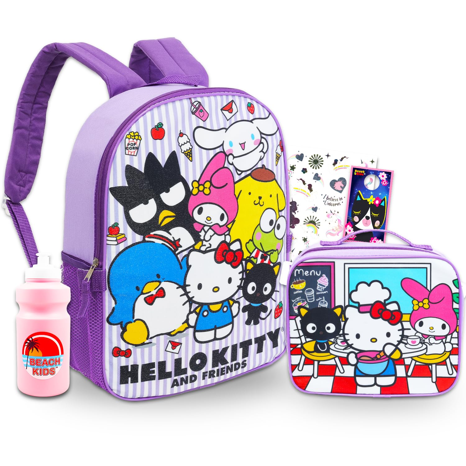 Photo 1 of Sanrio Backpack with Lunch Box Set - Bundle of Hello Kitty, My Melody, Chococat Bag, Lunch Bag, Bottle, Tattoos, More | Hello Kitty School Supplies