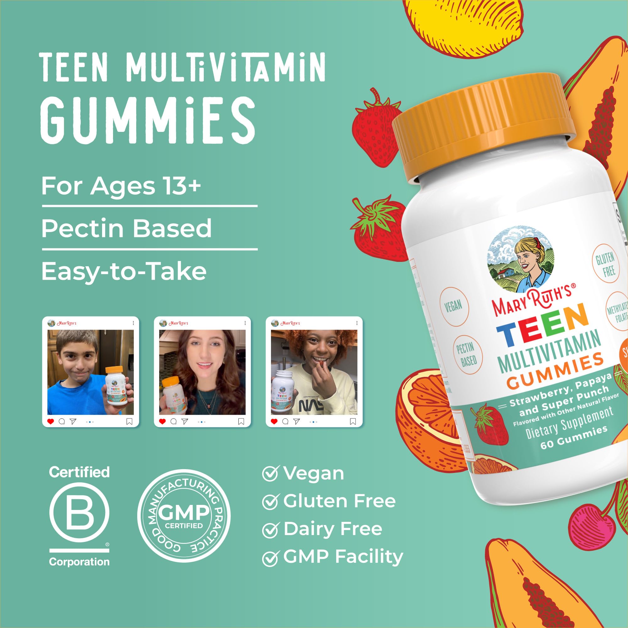 MaryRuth Organics Multivitamin for Teens | Teen Multivitamin Multimineral Gummies with Vitamin B, C, D and E, Biotin, Zinc | Teen Vitamins | Vegan | Sugar Free | Gluten Free | 60 Count