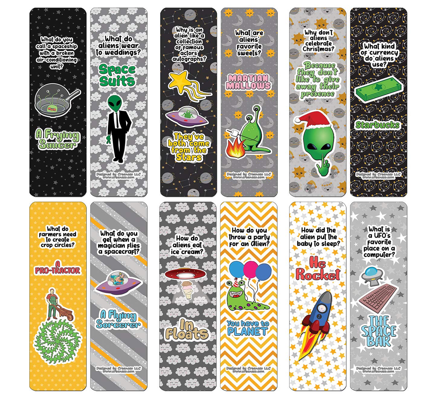 Creanoso Funny Clean Jokes Bookmarks - UFO Jokes (60-Pack) - Premium Quality Gift Ideas for Children, Teens, & Adults for All Occasions - Stocking Stuffers Party Favor & Giveaways