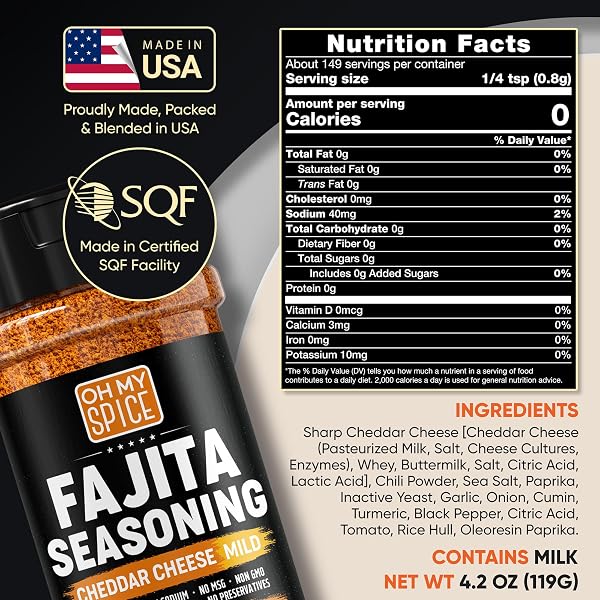 FAJITA SEASONING MIX CHEDDAR CHEESE POWDER – GLUTEN FREE & LOW SODIUM MILD MEXICAN SEASONINGS BLEND FOR MEAT, VEGETABLES, STEAK & CHICKEN FAJITA. NACHO CHEESE POWDER FAJITAS SEASONING SPICE. 4.2OZ