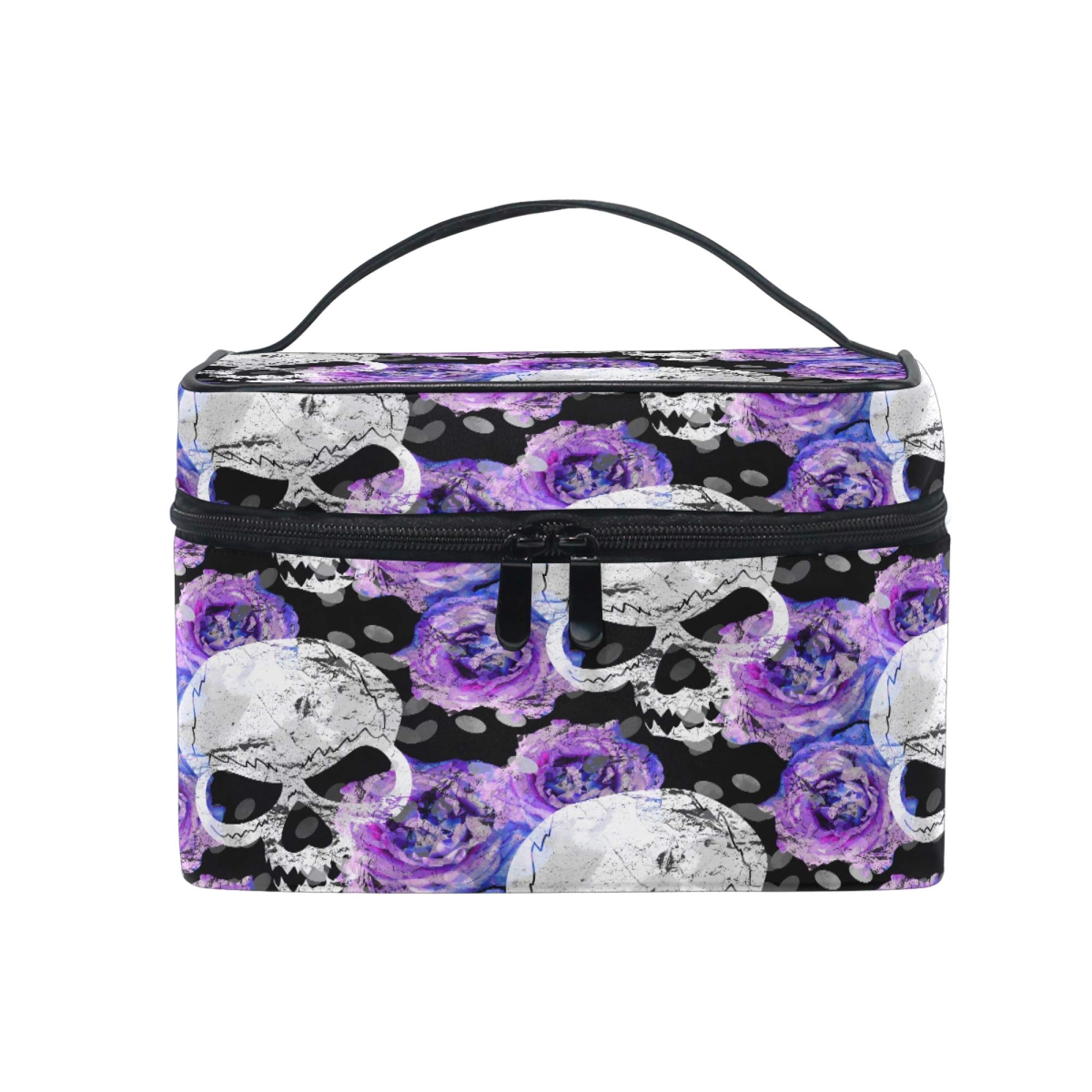 Skull Makeup Bag Purple Rose Sugar Skull Carrying Portable Zip Travel Cosmetic Brush Bag Large Travel Organizer Artist for Girls Women