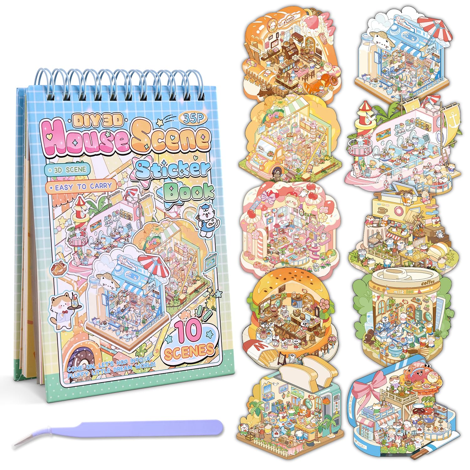 Photo 1 of 10 Sets DIY 3D House Stickers, Scene Miniature Sticker Book, Cute Cartoon Scenes for Women Girls Teen Kids, Make Your Own Sticker, Fun Room BookRelief Stress Pass The Time