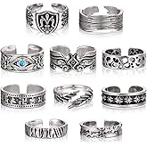 Nosiny 10 Pcs Men Vintage Open Punk Rings Skull Flower Cool Punk Gothic Adjustable Rings Hippie Retro Finger Toe Jewelry for Men, 10 Styles