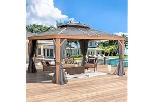 EROMMY 12'x14' Hardtop Gazebo Outdoor Aluminum Wood Grain Gazebos with Galvanized Steel Roof and Mosquito Net for Patios, Deck, Backyard, Curtains & Netting