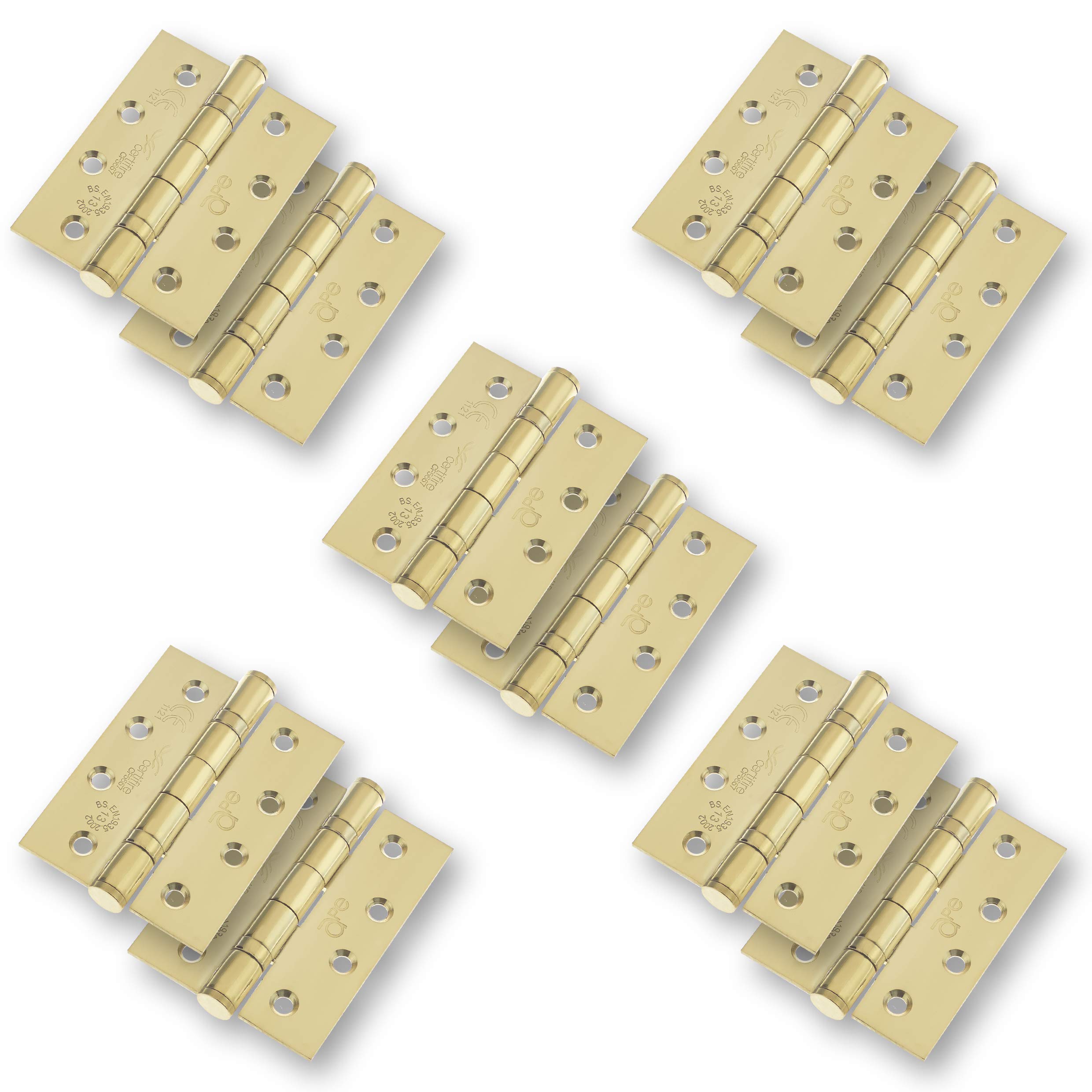 Stainless Door Hinges 4" - 102x76x3mm with Square Corners 5 Pair Pack [10 Hinges] Including Screws PVD Polished Brass