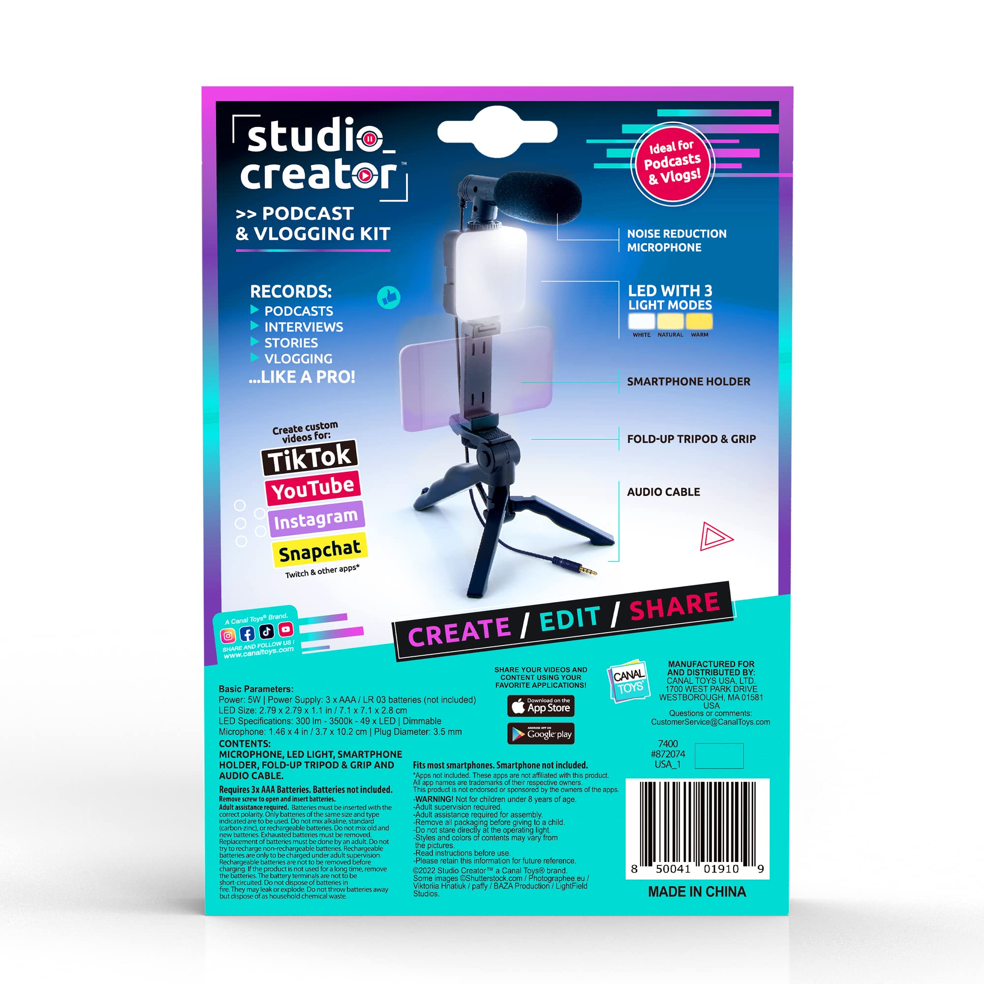 Canal Toys New Studio Creator Podcast & Vlogging Kit – Record Your own podcasts and Vlogs Like Your Favorite influencers! Fold-up Tripod, LED Light & Microphone. Ages 8+