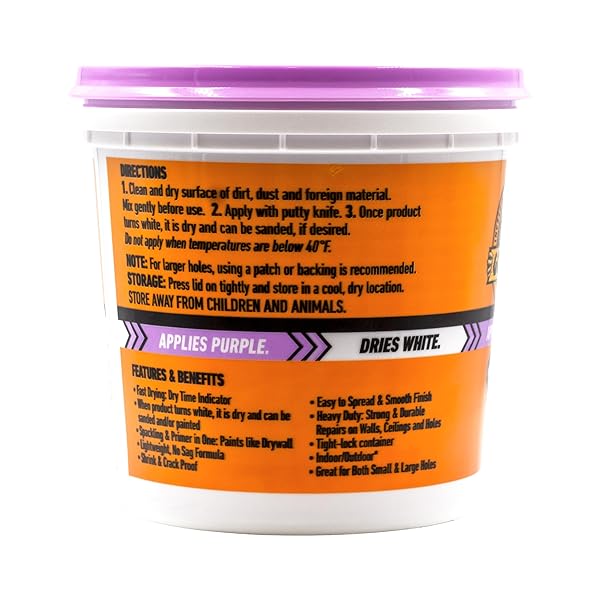 GORILLA HIGH PERFORMANCE WALL REPAIR COLOR CHANGE, 32 OUNCE TUB, APPLIES PURPLE, DRIES WHITE – SPACKLING & PRIMER IN ONE, SHRINK & CRACK RESISTANT