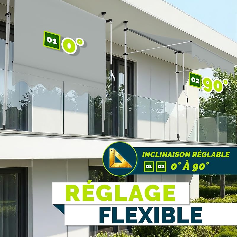 Store Banne Manuel rétractable avec manivelle pour Le Balcon | Marquise de terrasse sans percement | Marquise Soleil de Balcon auvent téléscopique (Gris Clair, 250cm)