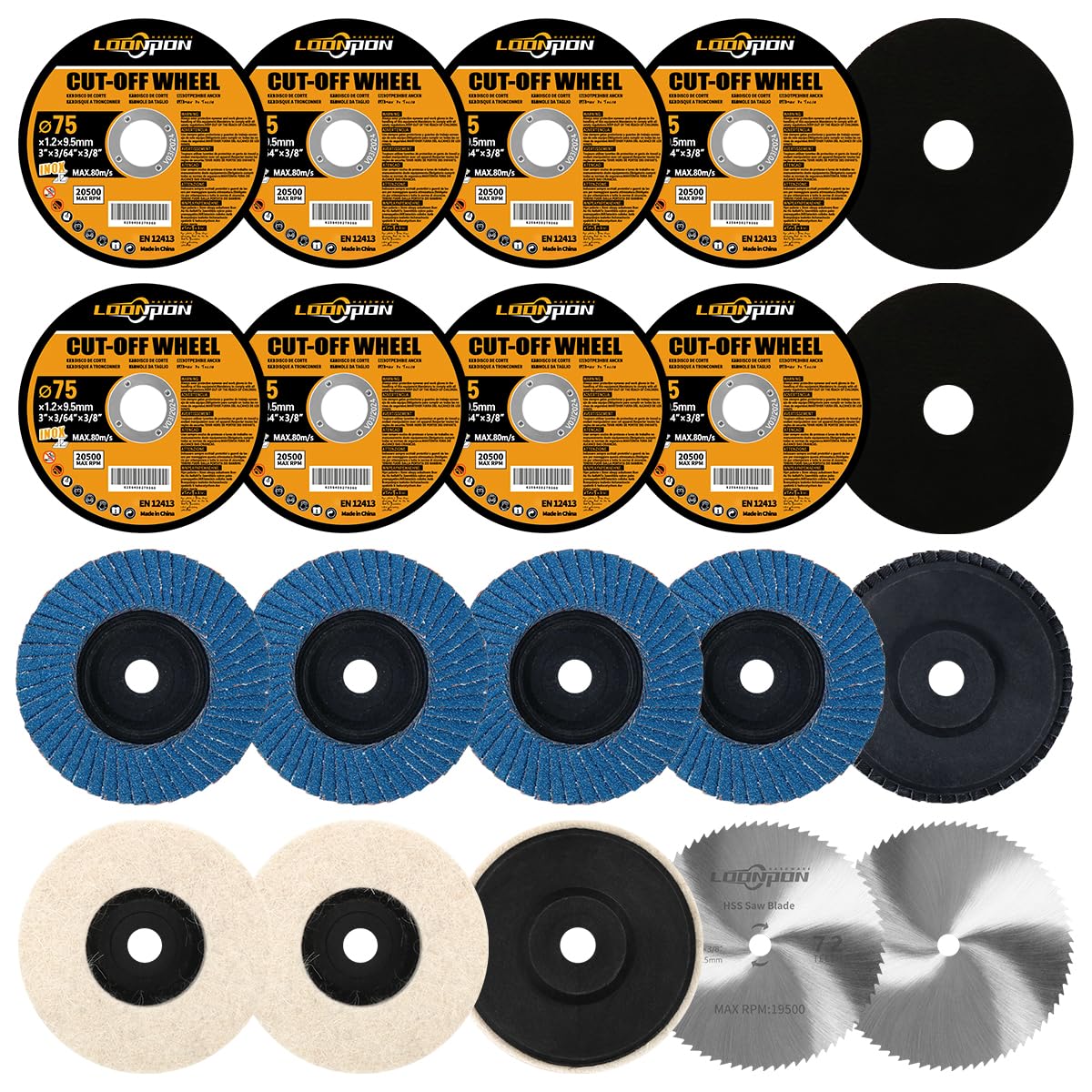 75mm Angle Grinder Wheel Set, Cutting Grinding Polishing Discs with 10mm Arbor for Cutting Wood, Tile, Polishing Metal (20Pcak)