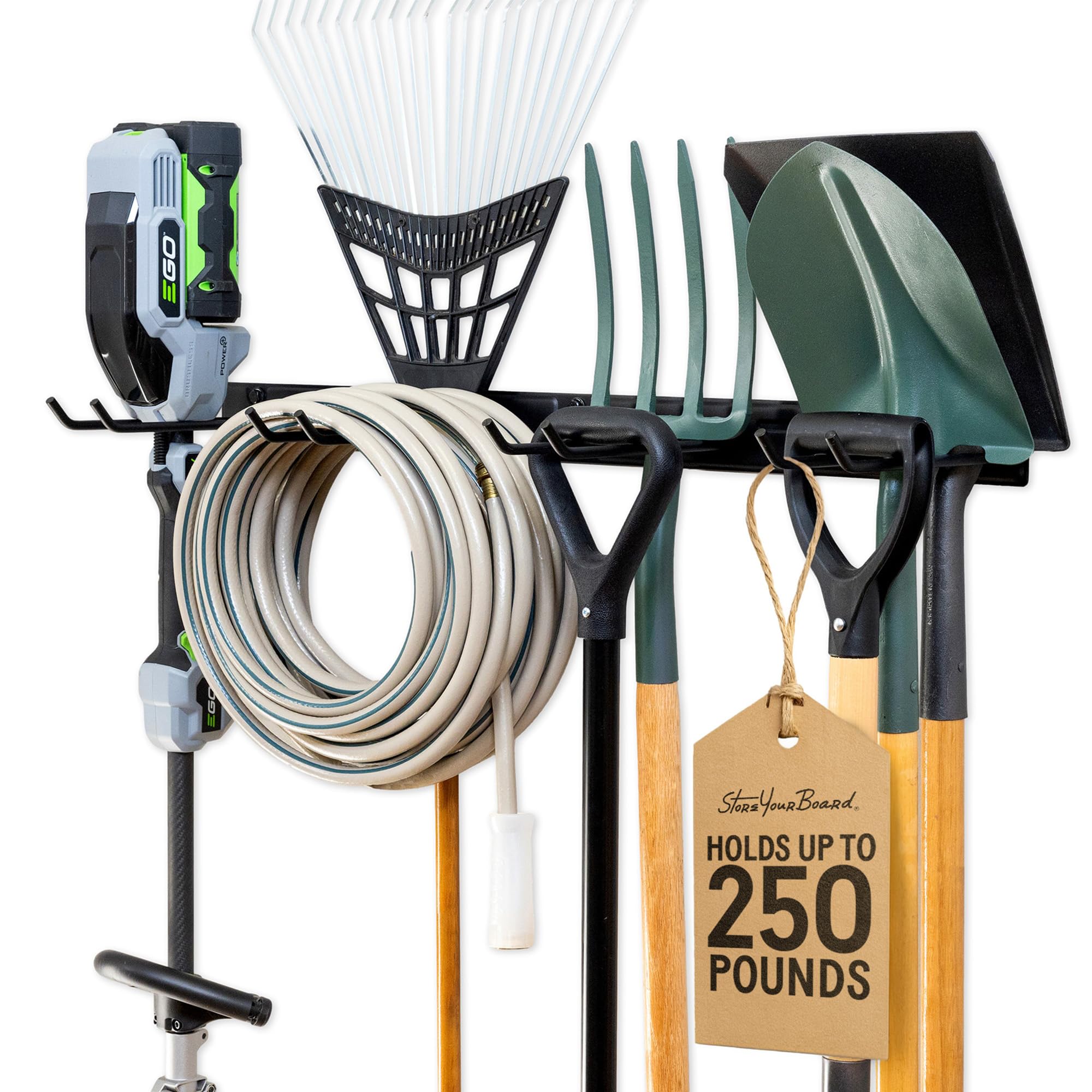 StoreYourBoard Heavy Duty Garden Tool Rack for Garage & Shed – Solid Steel Garden Tool Organiser, 4 Slot Metal Shed Storage Rack for Rakes, Spades & Handle Tools, 113 kg Capacity Garage Wall Storage