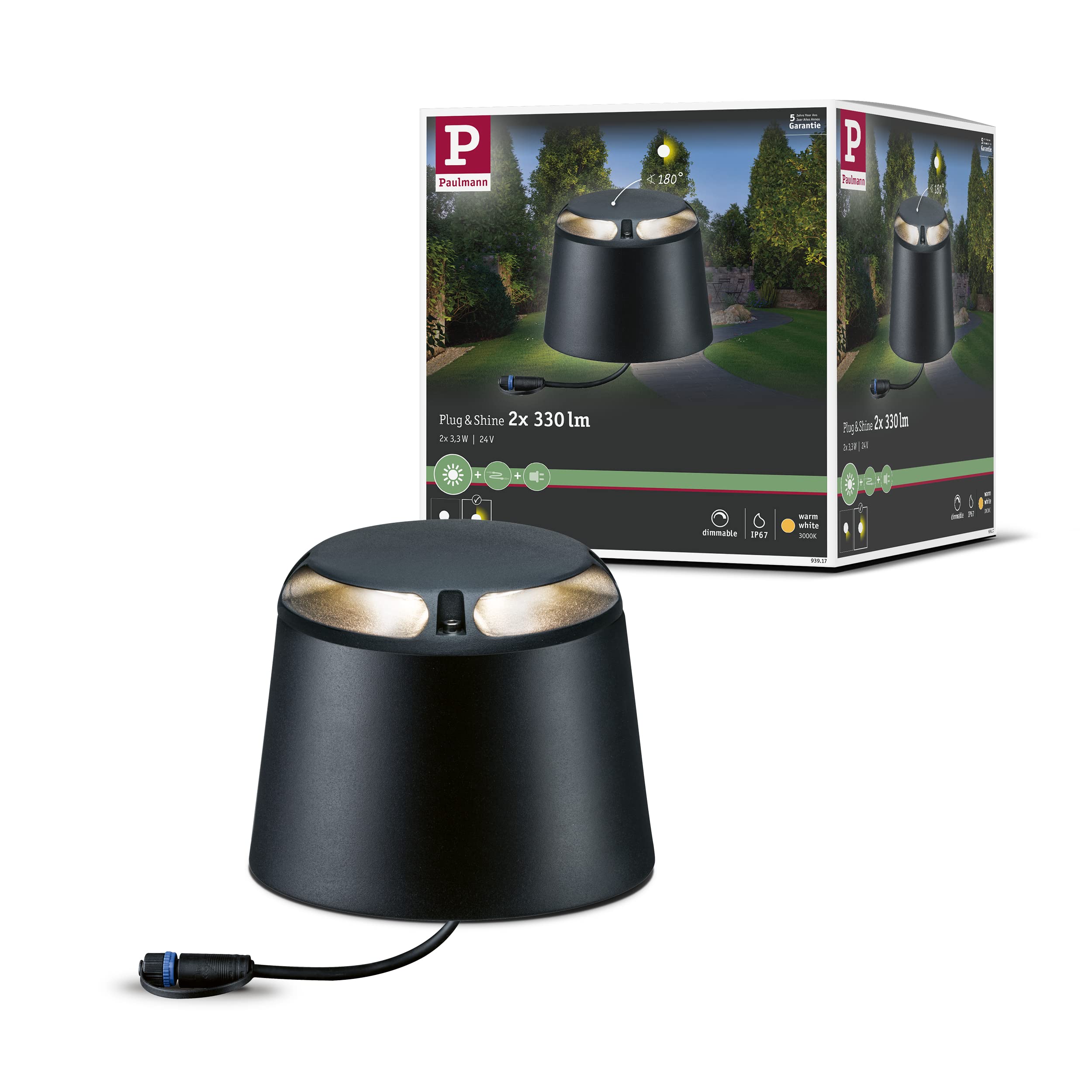 Paulmann 93917 Outdoor Plug & Shine Ground Surface-Mounted luminaire IP67 2x350lm 3000K 2x3W 24V 180° Anthracite alu