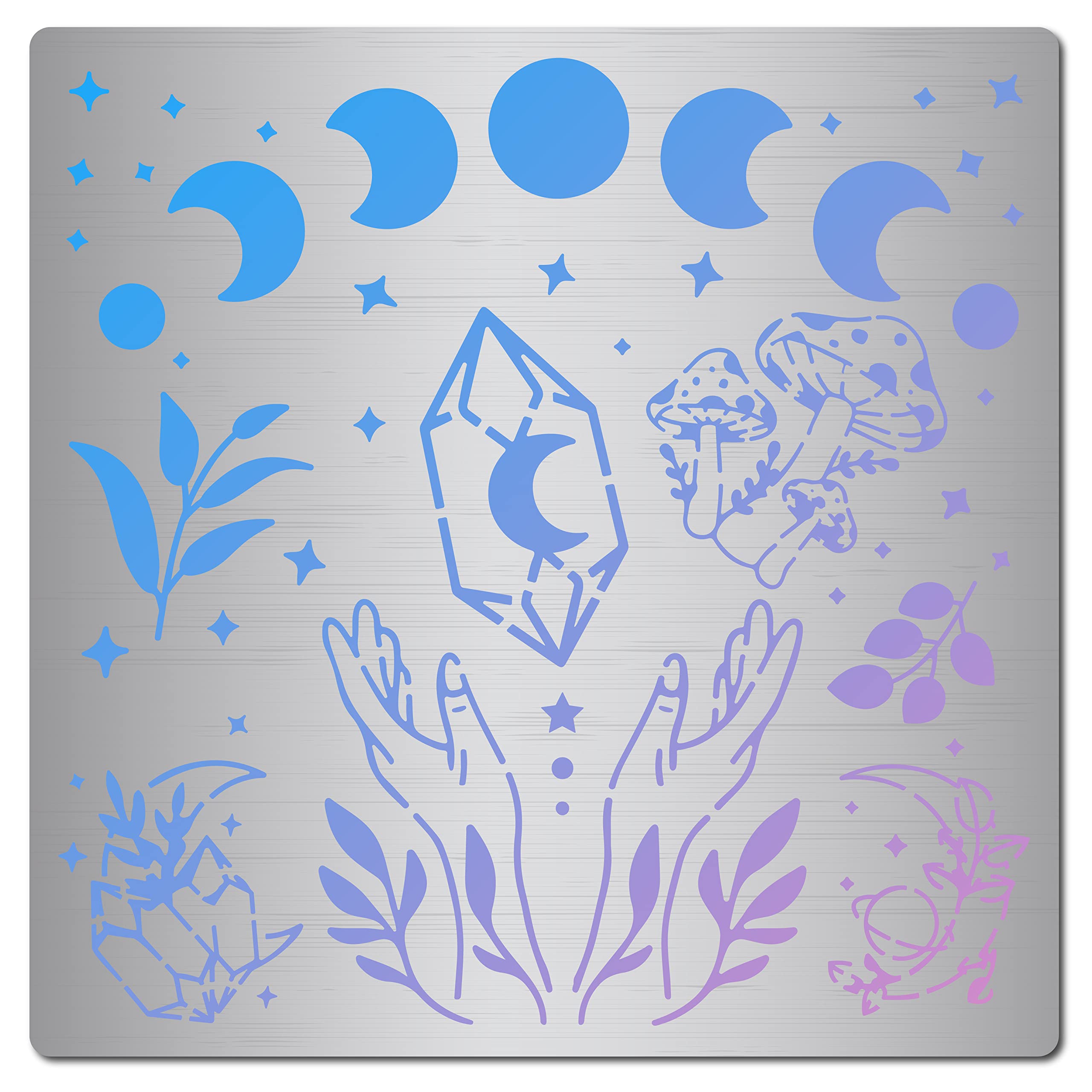 GORGECRAFT 6.3" Metal Moon Phase Stencil Reusable Mushrooms Stencils Stainless Steel Crystal Hands Journal Tool for Painting Wood Burning Wall Canvas Furniture Pyrography Engraving Crafts