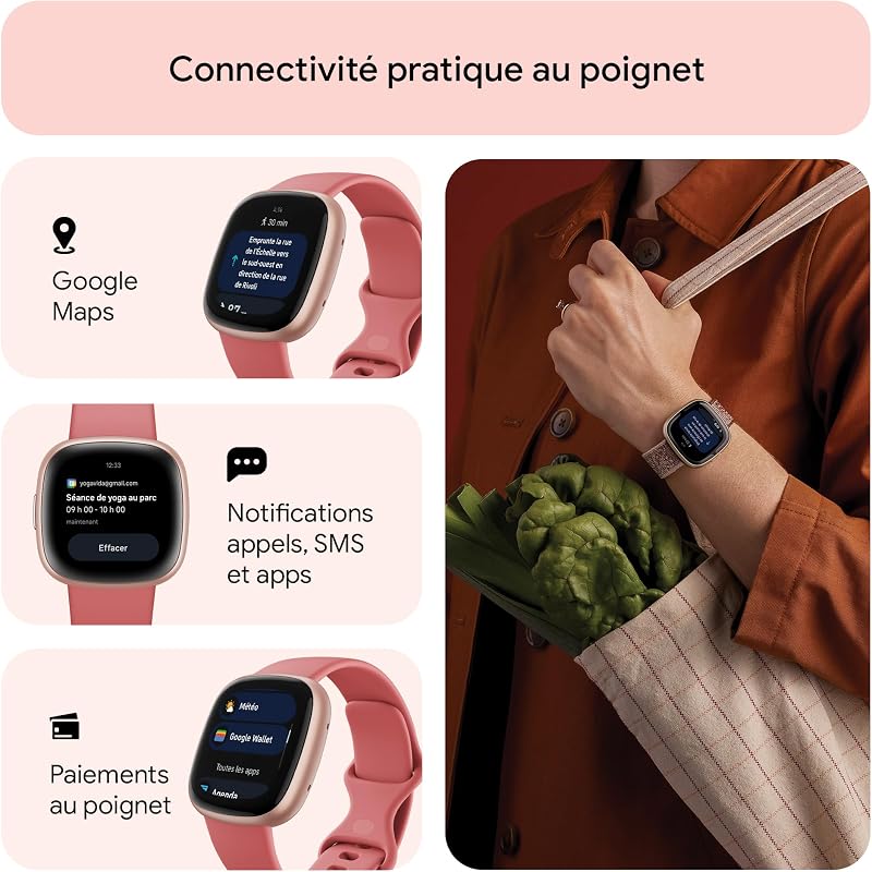 Google Versa 4 Montre connectée Sport avec Un abonnement de 3 Mois à Google Health Premium Inclus et Jusqu’à 6 Jours d’autonomie de Batterie - Sable Rose/Aluminium Rose cuivré