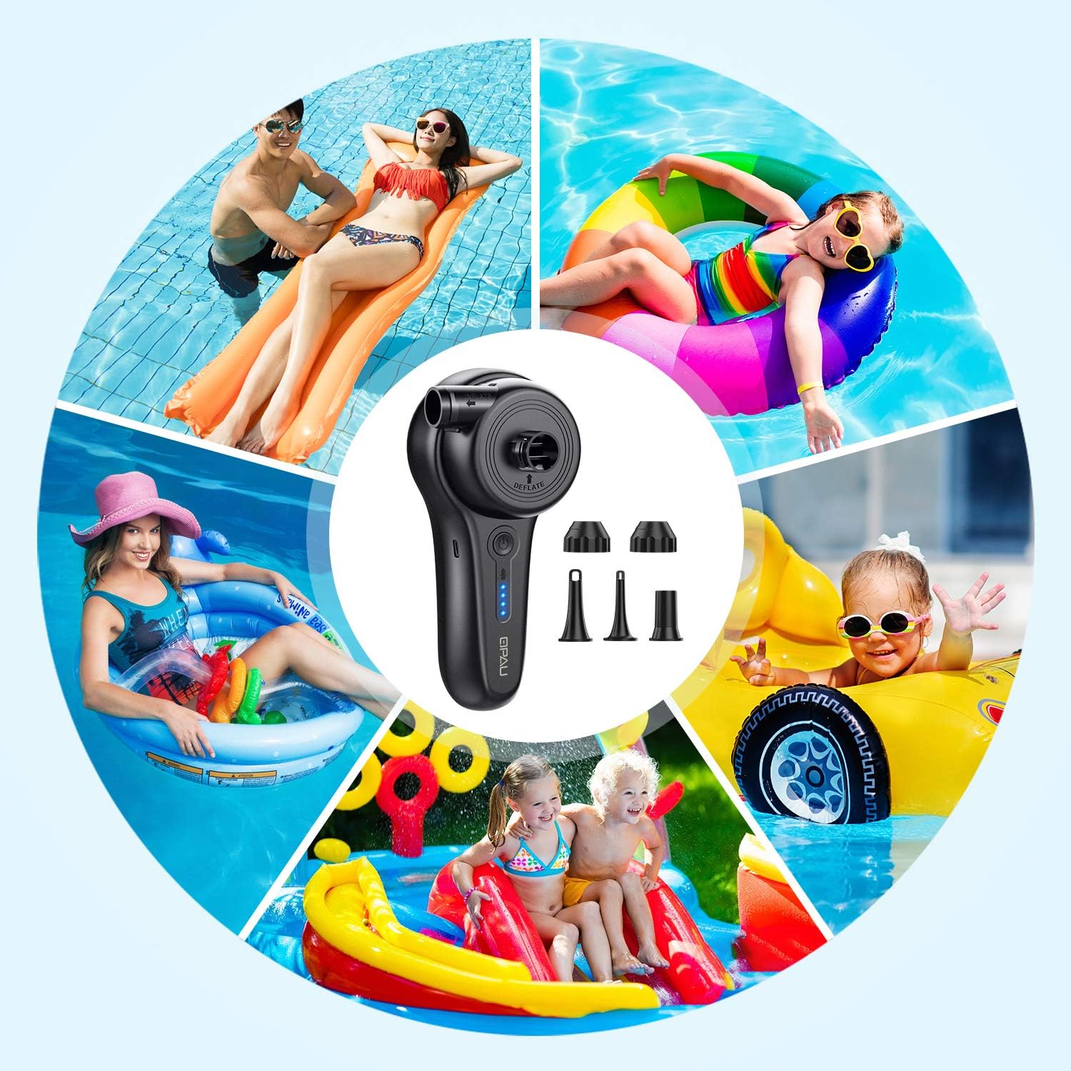 QPAU Electric Air Pump, Rechargeable Portable Air Mattress Pump Quick-Fill Inflator Deflator with 5 Nozzles, Perfect for Camping Inflatable Cushions, Air Mattress Bed, Air Sofa, Pool Inflatables: Sports & Outdoors