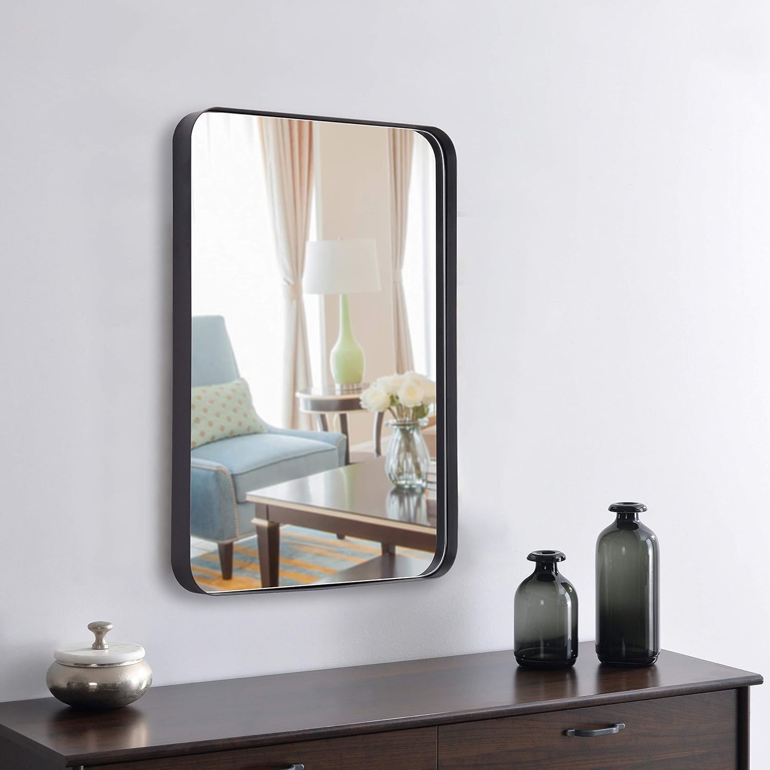 Clavie Wall Mirror 16x24 Inch Mirror for Bathroom Metal Frame Rounded Corner Rectangle Mirror Modern Bathroom Mirror Vertical or Horizontal Hanging Decorative Wall Mirrors for Living Room, Bedroom: Home & Kitchen