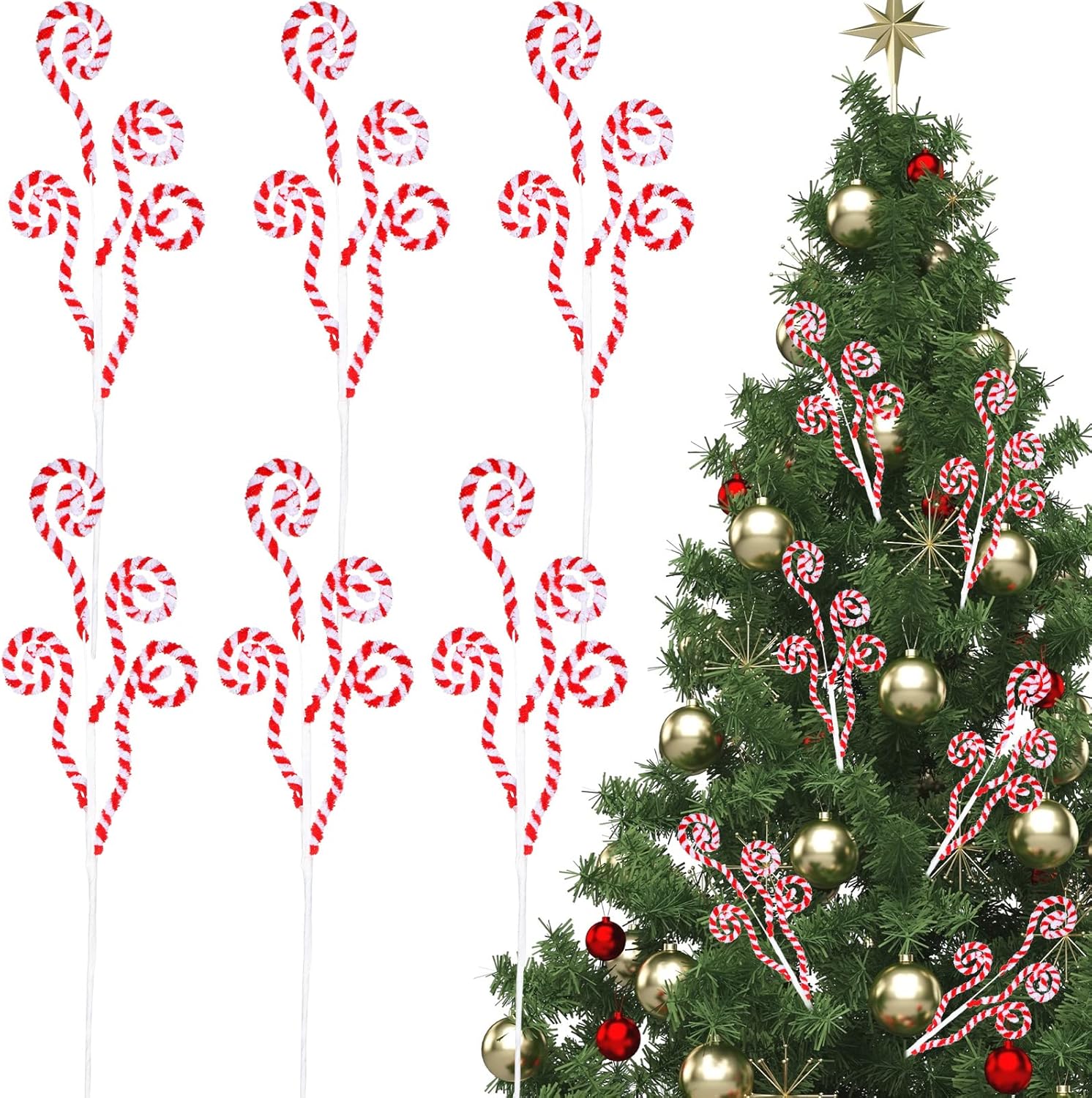 Tree Toppers - 6 Pcs 16 Inch Red White Christmas Tree Picks Decoration Candy Cane Woolen Curly Pick Lollipop Large for Xmas Tree Topper Decor Home Vase Filler Craft Wreath Holiday Party Ornament Garland