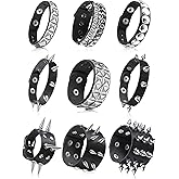 Hicarer 9 Pieces Spiked Studded Bracelet Black Leather Rivet Punk Bracelet Cuff Wrap Bangle Snap Button Metal Wristband for Men Women