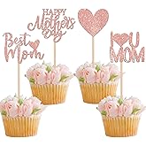 Rsstarxi 24 Pack Happy Mother's Day Cupcake Toppers Glitter Heart Best Mom I Love You Mom Cupcake Picks Decorations for Happy Mother's Day Birthday Party Supplies Rose Gold