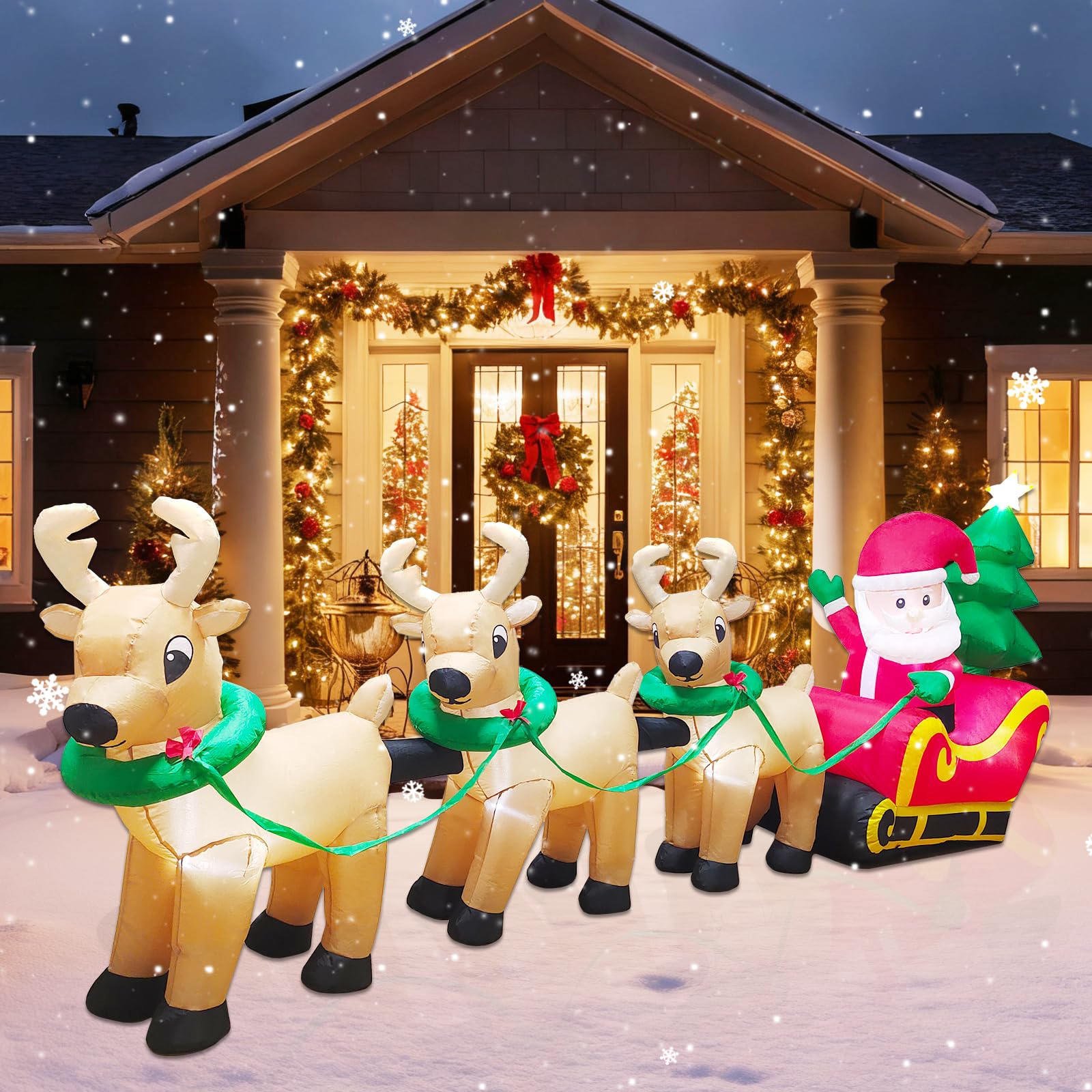Photo 1 of 14FT Christmas Inflatables Santa Claus on Sleigh Outdoor Decorations, Santa Claus on Sleigh with 3 Reindeer, LED Lighted Outdoor Yard Decoration for Xmas Party Decor Yard Garden Lawn