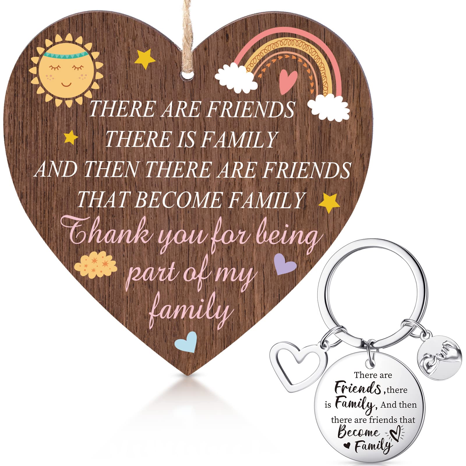 Herdear Gifts for Best Friends Including Best Friends Keychain and Hanging Wooden Heart Sign Plaque Metal Keyring with Memorial Quote Novelty Friendship Gifts for Women(Sun, Rainbow)