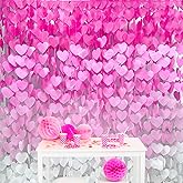 205 Ft Hot Pink Party Decorations Ombre Pink White Heart Backdrop Streamer Tissue Paper Heart Hanging Garland for Birthday Bachelorette Valentines Day Wedding Bridal Shower Engagement Party Supplie