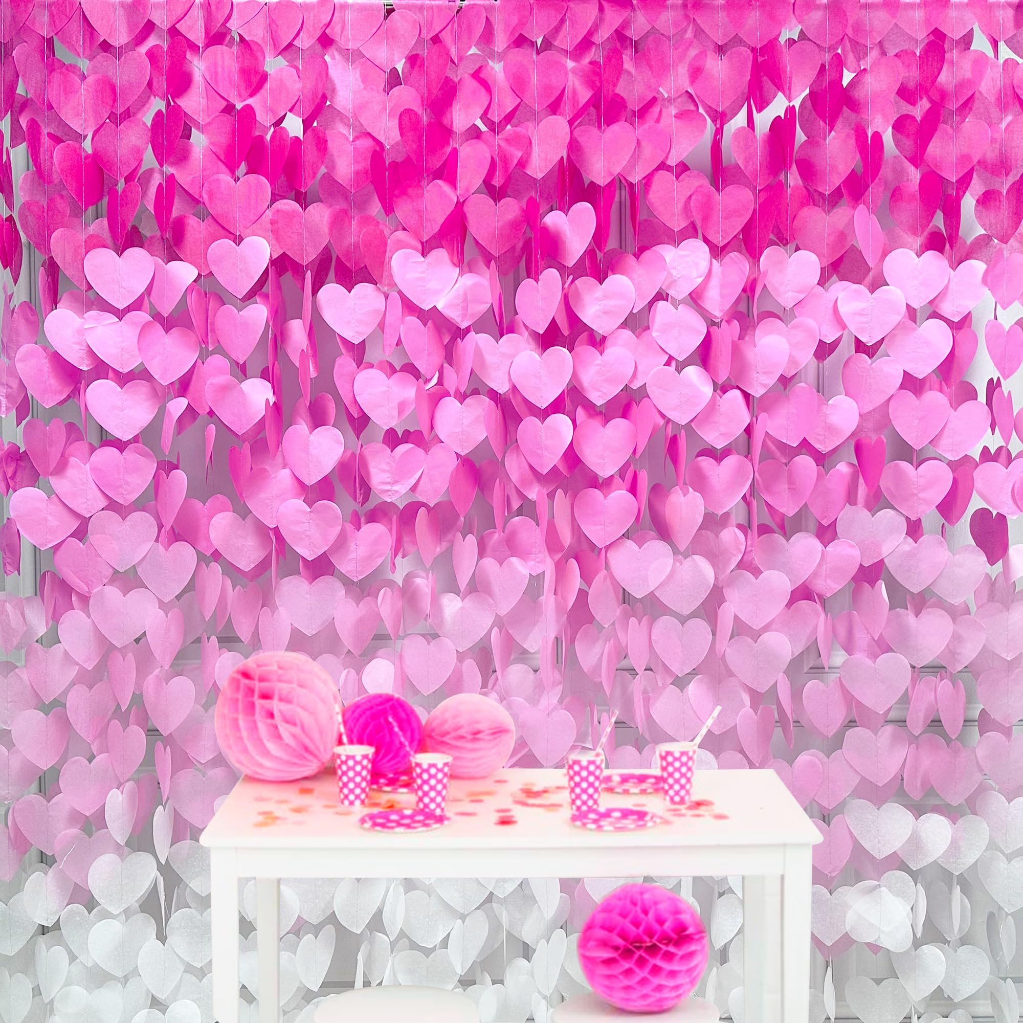 205Ft Hot Pink Heart Tissue Paper Streamer Big Love Heart Ombre Pink Hanging Garland Backdrop for Birthday Wedding Valentines Day Anniversary Engagement Bachelorette Bridal Shower Party Decorations