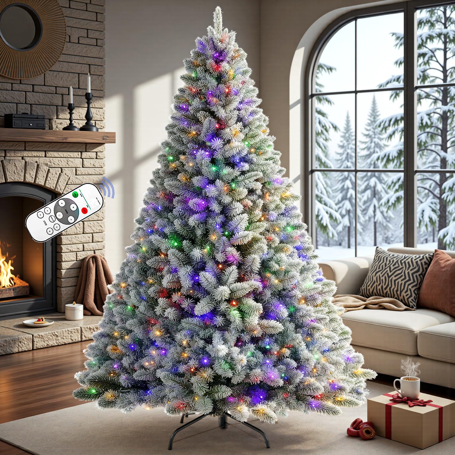 Photo 1 of 6.5 Ft Pre- Snow Flocked Christmas Tree Spruce with Remote Control, 270 Warm White Multi-Color Changing LED Lights, Artificial Hinged/Feel Real/Realistic for Home, Dual Color LED