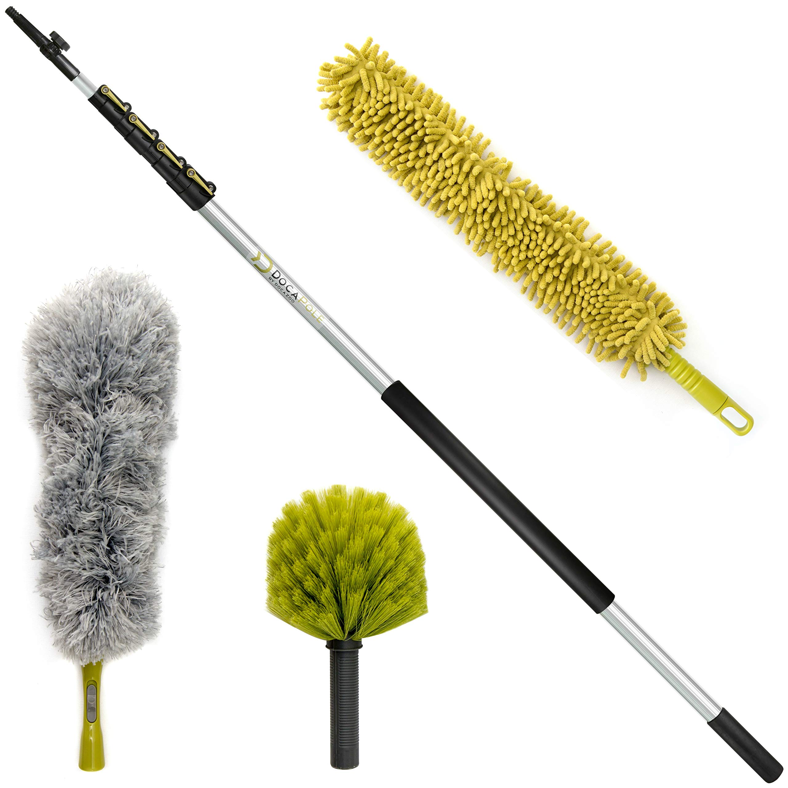 DocaPole 30 Foot High Reach Dusting Kit with 6-24 Foot Extension Pole // Cleaning Kit Includes 3 Dusting Attachments // Cobweb Duster // Microfiber Duster // Ceiling Fan Duster