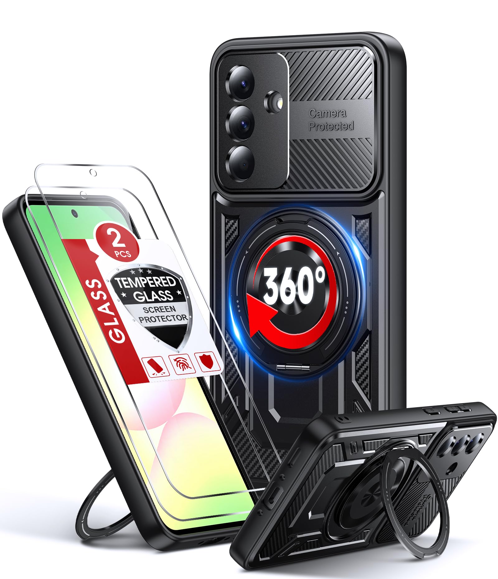 LeYi for Galaxy A16-5G Phone Case: with Glass Screen Protector, [Fit Magsafe] All-Inclusive Lens 16FT Heavy Duty Drop Protection Mobile Cell Cover with 360° Invisible Ring Stand Samsung A 16 5G, Black