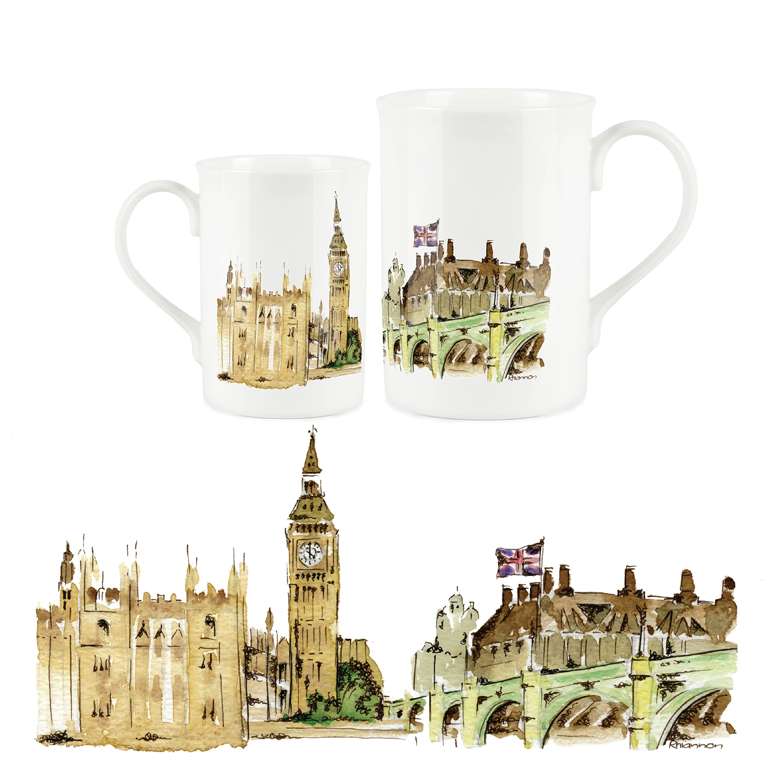 Big Ben Mug - British Landmarks London Souvenir Design Mug by Rhiannon Chauncey - Tea/Coffee Bone China Cup Gift