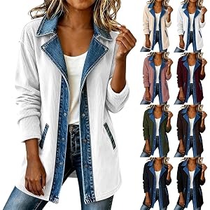 RRMuAzgs Denim Patchwork Jackets for Women Corduroy Shacket Long Sleeve Button Down Knit Blazer Denim Trimmed Sweater Jacket