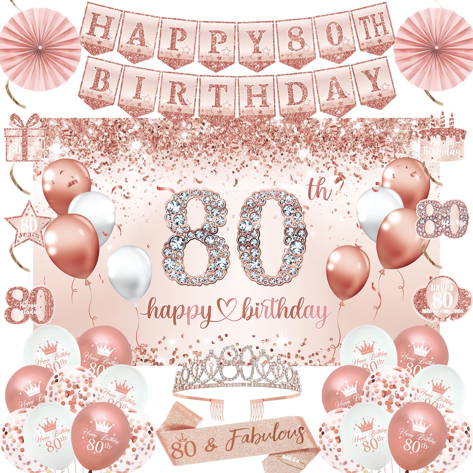 Photo 1 of Trgowaul 80th Birthday Decorations for Women, 30pcs Rose Gold Happy Birthday Party Supplies, 80th Crown and Sash, Banner, Hanging Swirl Flag, Balloons, 80 Year Old Party Decoration Set