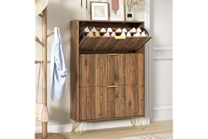 Sscaktu Shoe Storage Cabinet with 3 Flip Drawers, 31.5" W Fluted Shoe Cabinet for Entryway, Hidden Shoe Cabinet Storage, Narrow Free Standing Shoe Orgnaizer Rack Cabinet for Foyer Hallway, Natural