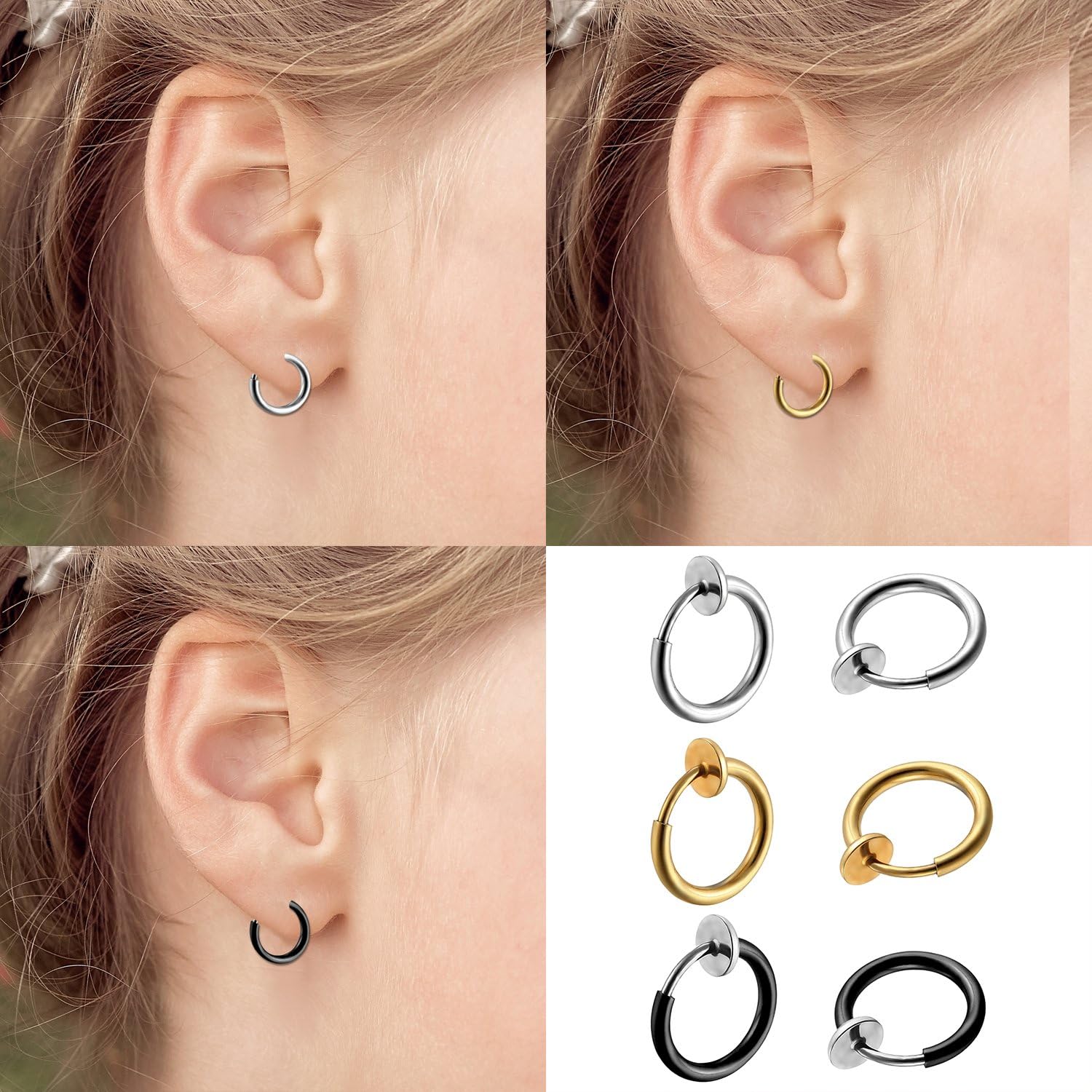 Oidea 6pcs 8MM Stainless Steel Hoop Non Pierced Fake Earrings Nose Rings for Tragus,Cartilage,Gold,Silver,Black - Image 5