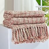 GINAMUSE Multi-Color Light Pink Cable Knitted Throw Blanket for Couch,50"X60" Boho Style Textured Blankets for Home Decor,Super Soft Warm Cozy Chunky Knit Blanket with Decorative Tassels for Bed