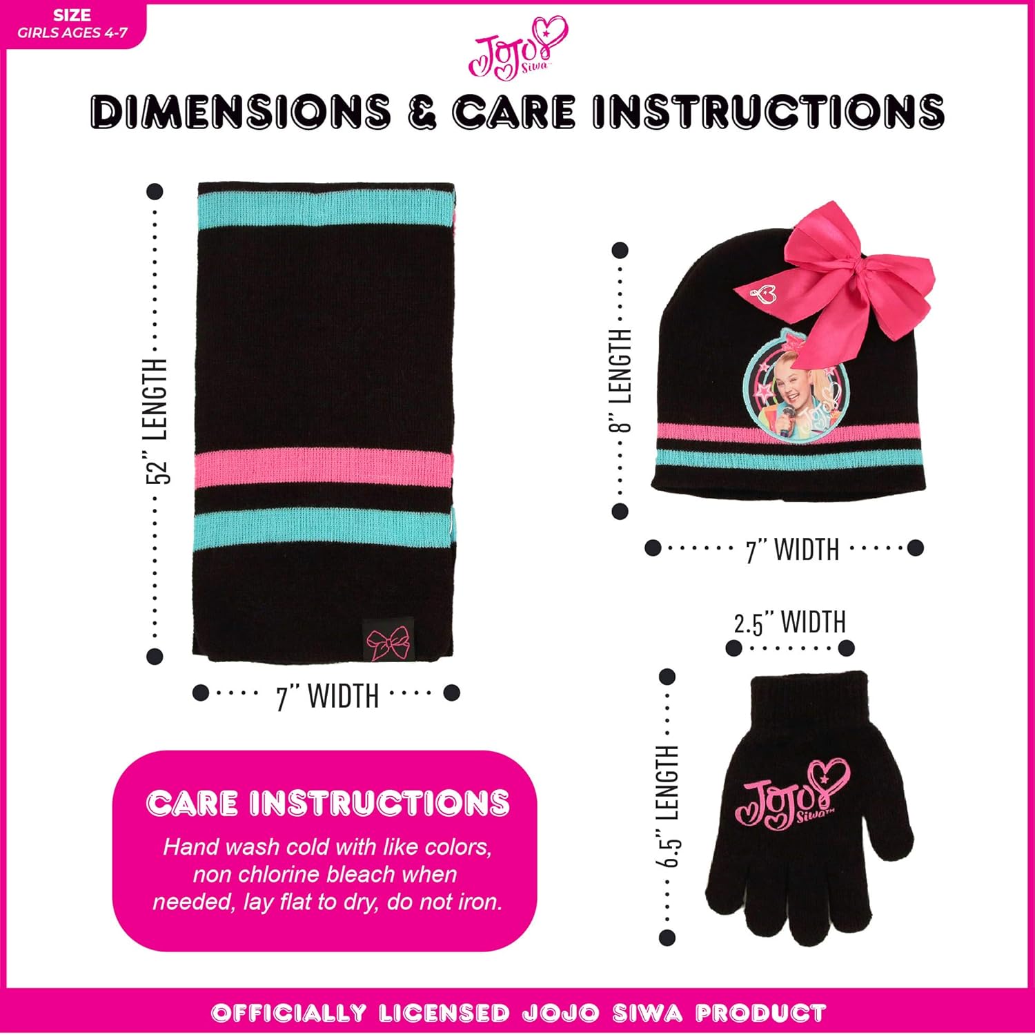 Nickelodeon JoJo Hat, Scarf and Gloves Cold Weather Set, Black, Girls, Ages 4-7: Clothing