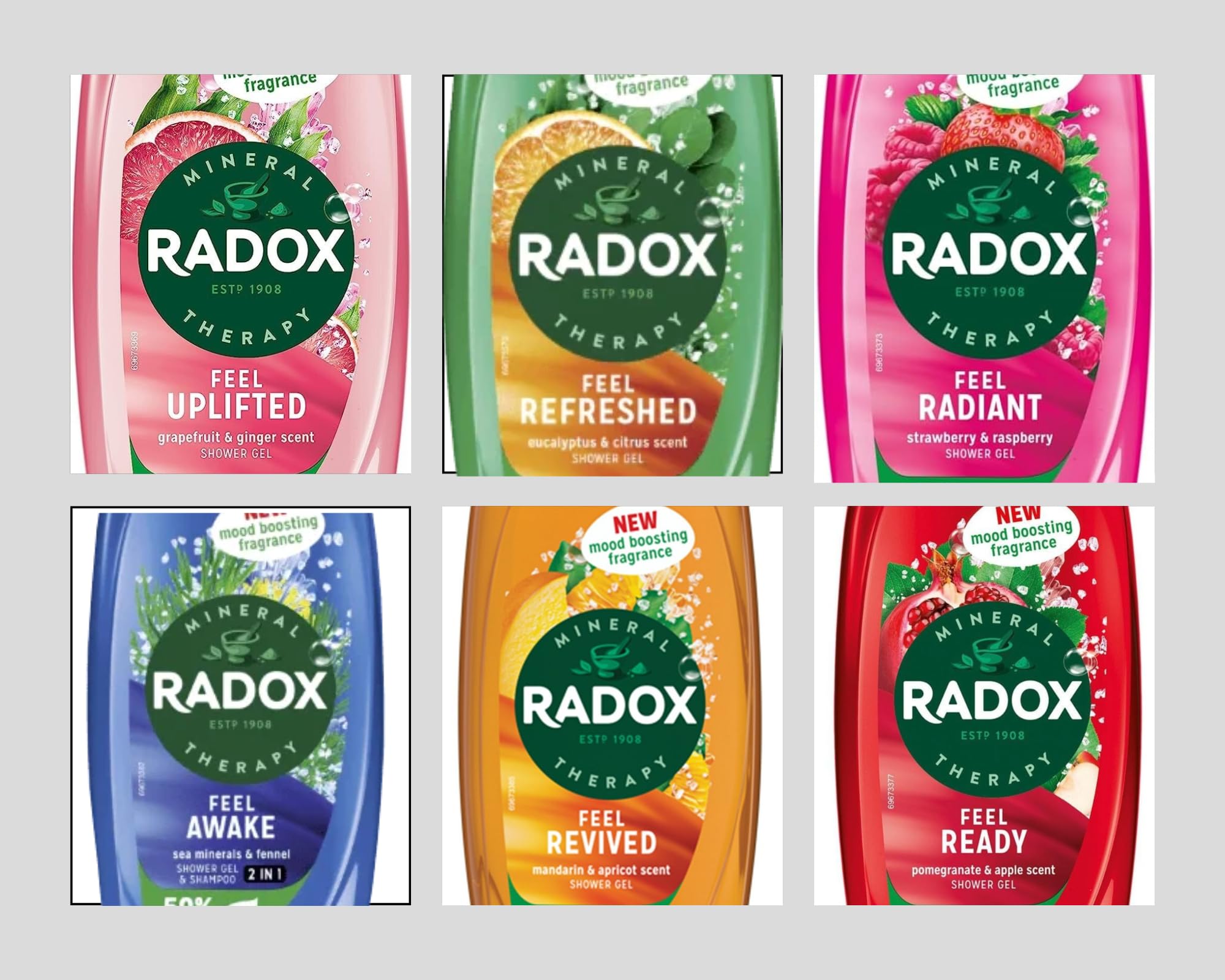 Radox Shower Gel Bundle For Everyday Use | 1x250ml Uplifting | 1x250ml Feel Ready | 1x250ml Revive | 1x250ml Feel Detox | 1x250ml Feel Refreshed | 1x250ml Feel Awake