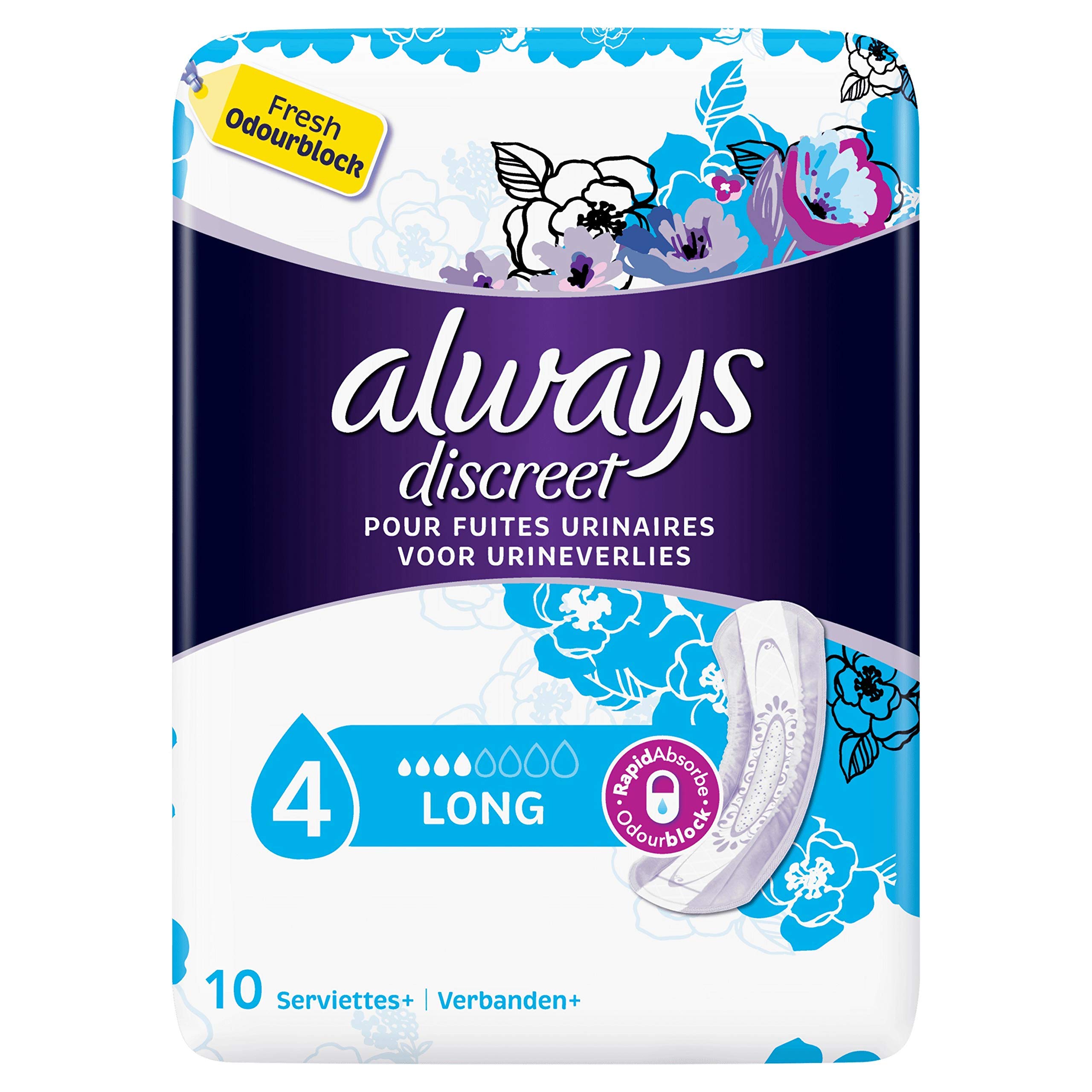 Always Discreet Long Pads for Incontinence and Bladder Control, Pack of 10 Pieces