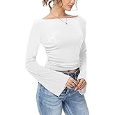 Simlakey Women's Long Bell Sleeve Shirt 2026 Spring Fashion Casual Going Out Top Boat Neck Blouse Slim Fitted Ruched Y2K Top