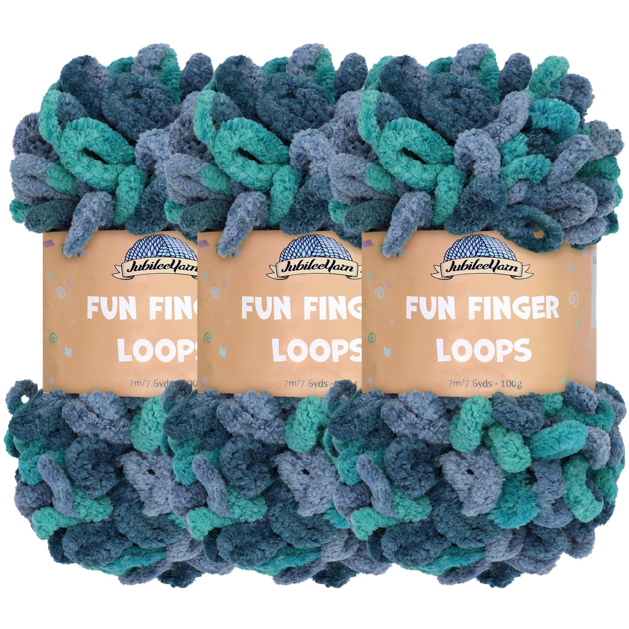 JubileeYarn Fun Finger Loops Yarn - Polyester Jumbo Weight Loop Yarn - 100g/Skein - Poseidon - 3 Skeins