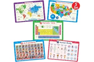Simply Magic 5 Placemats for Kids - Kids Placemat Non Slip, Washable Reusable Children Placemat, Educational Placemats: USA and World Maps, Periodic Table, US Presidents, Plastic Place Mats for Kids
